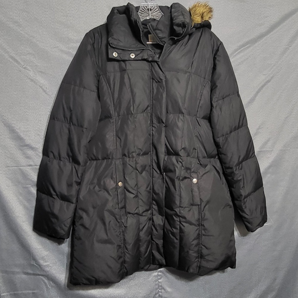 MICHAEL Michael Kors Coat Womens Large Black Puffer Hooded Fur Trim Winter